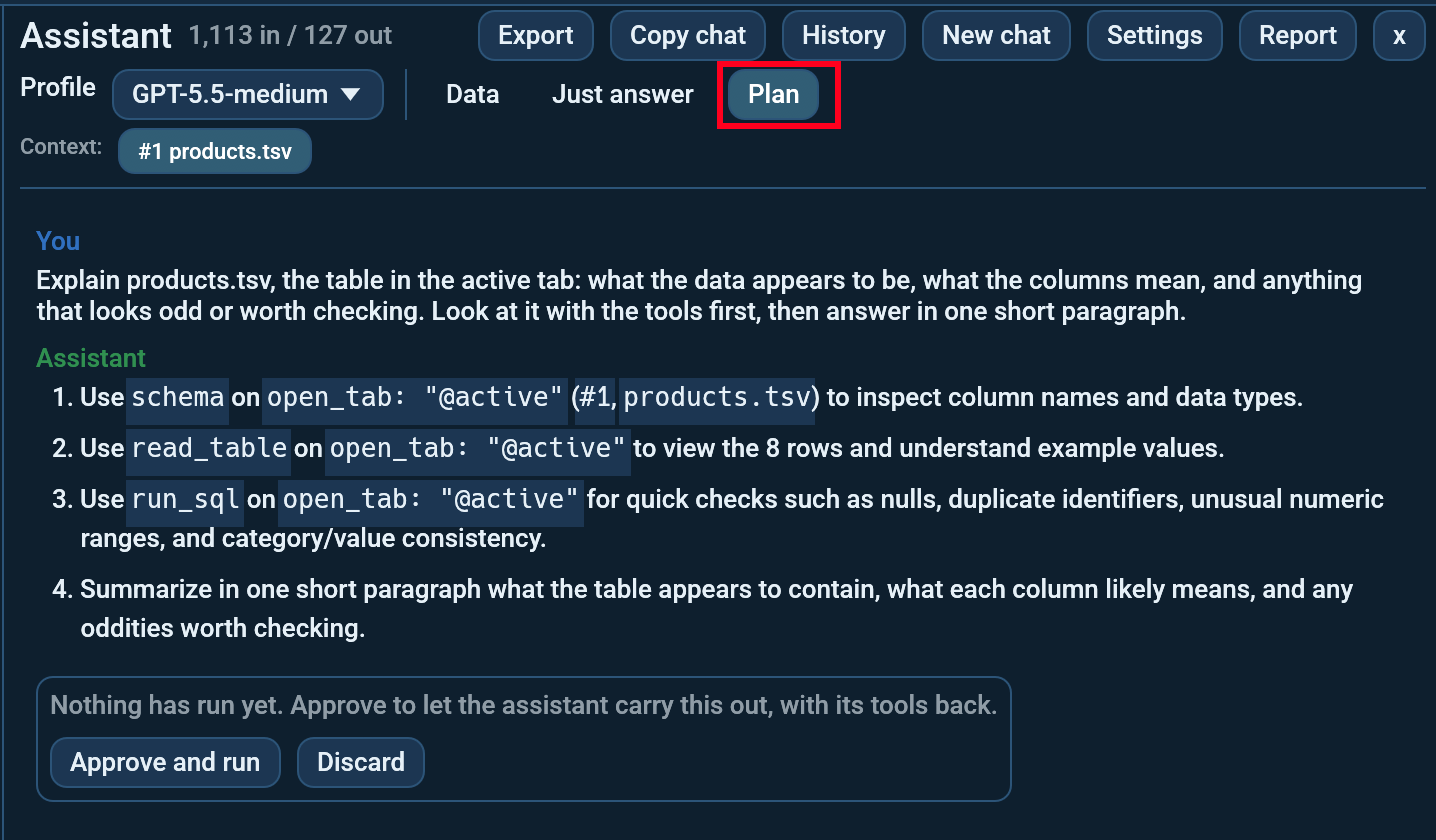 A plan in the chat transcript: three numbered steps with tick boxes, one expanded showing before and after values, and the Apply / Ask for a revision / Discard buttons underneath.