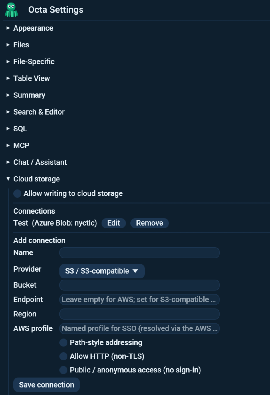 Settings cloud storage section