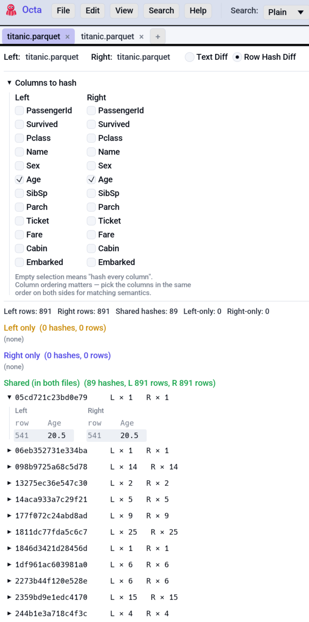 Compare view: Row Hash Diff Detail