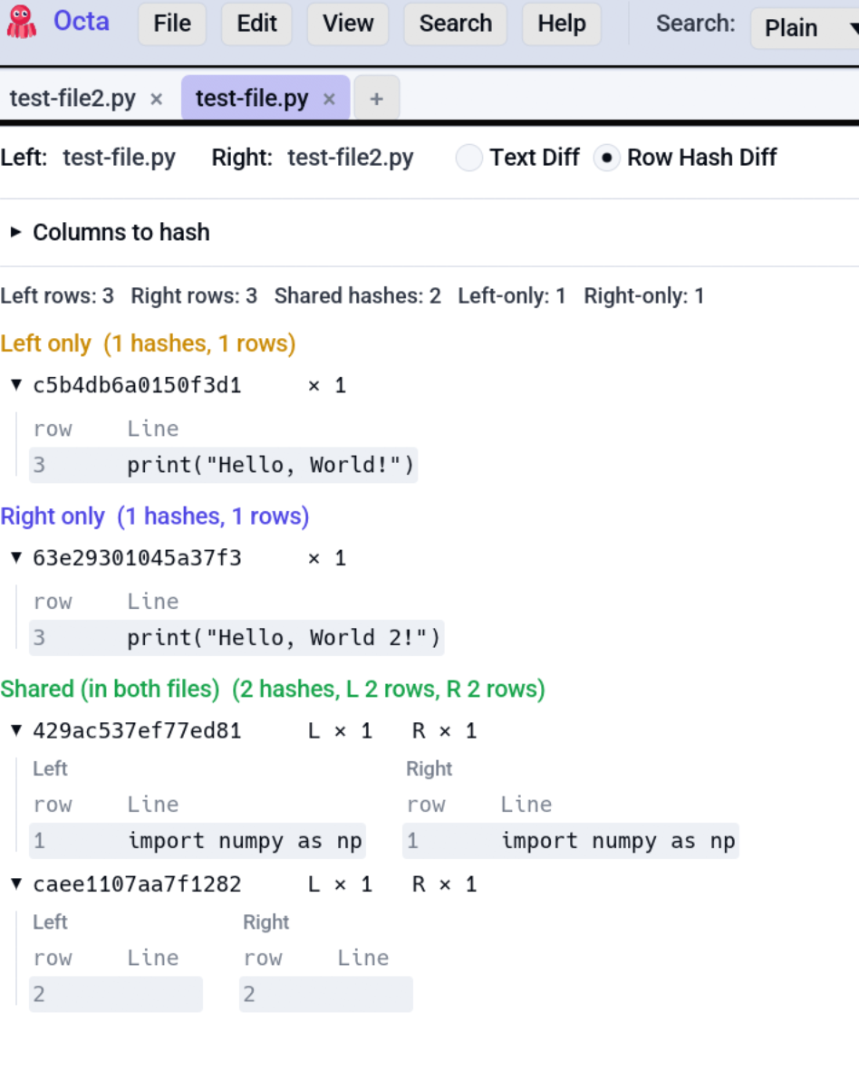Compare view: Row Hash Diff