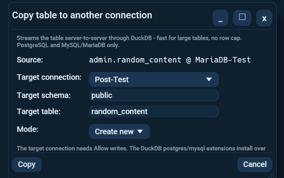 Copy table between servers dialog