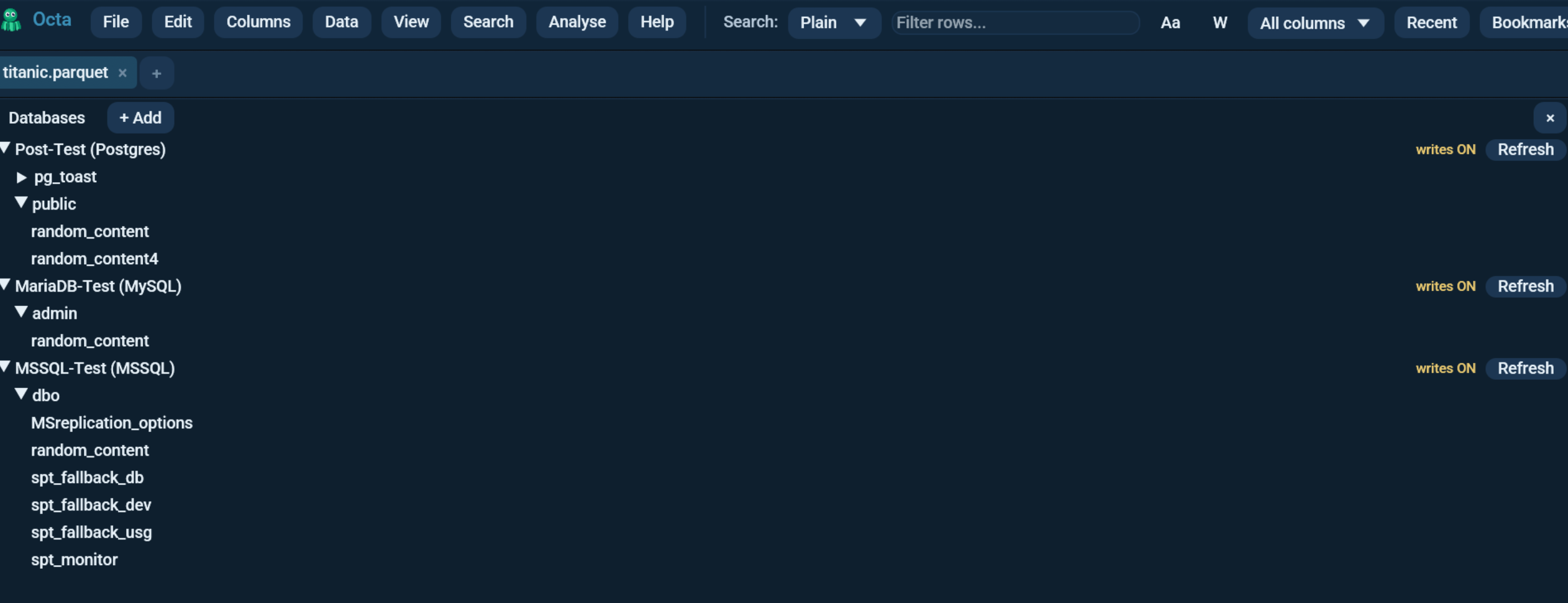 Databases sidebar tree