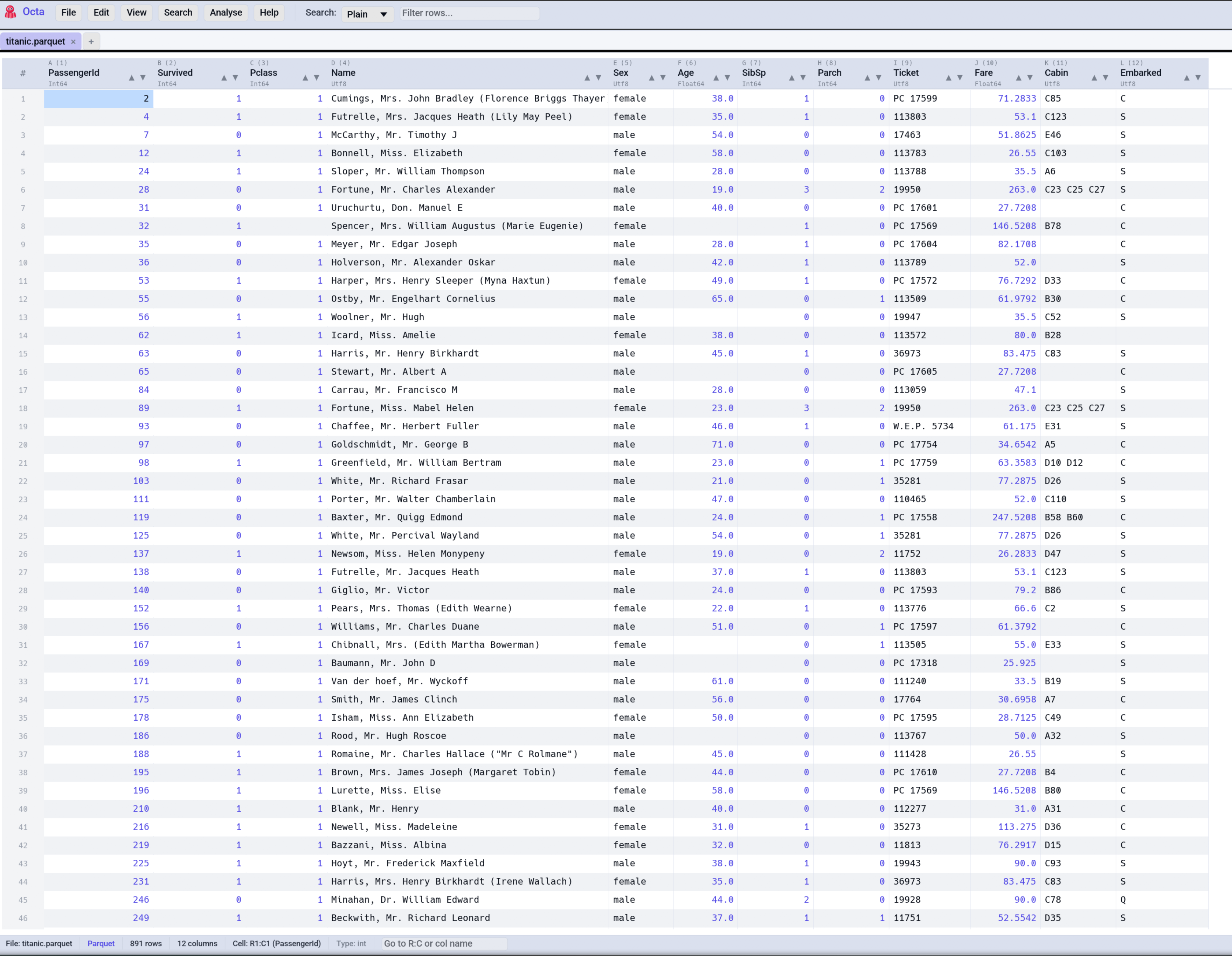 Octa main window in Table view