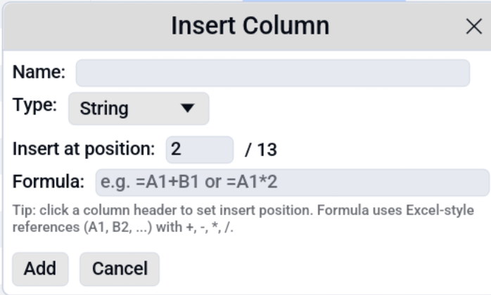 Insert column dialog with a formula