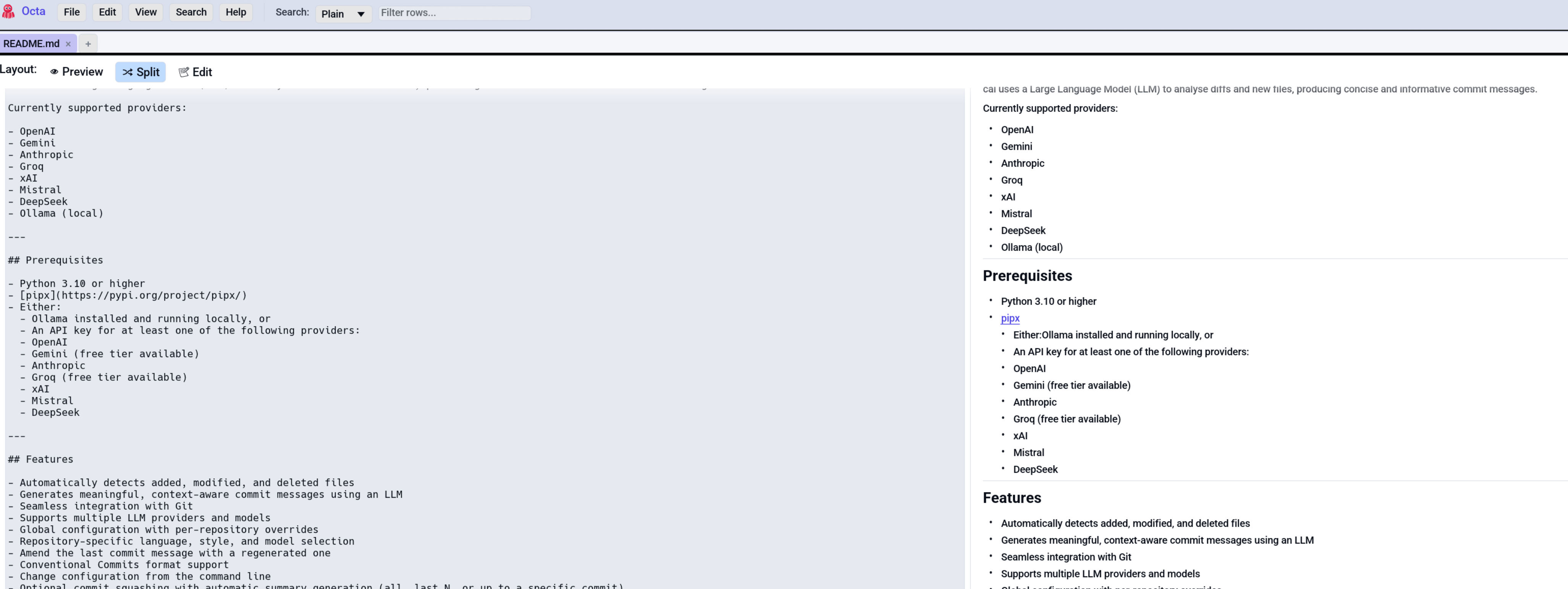 Markdown view in Split layout
