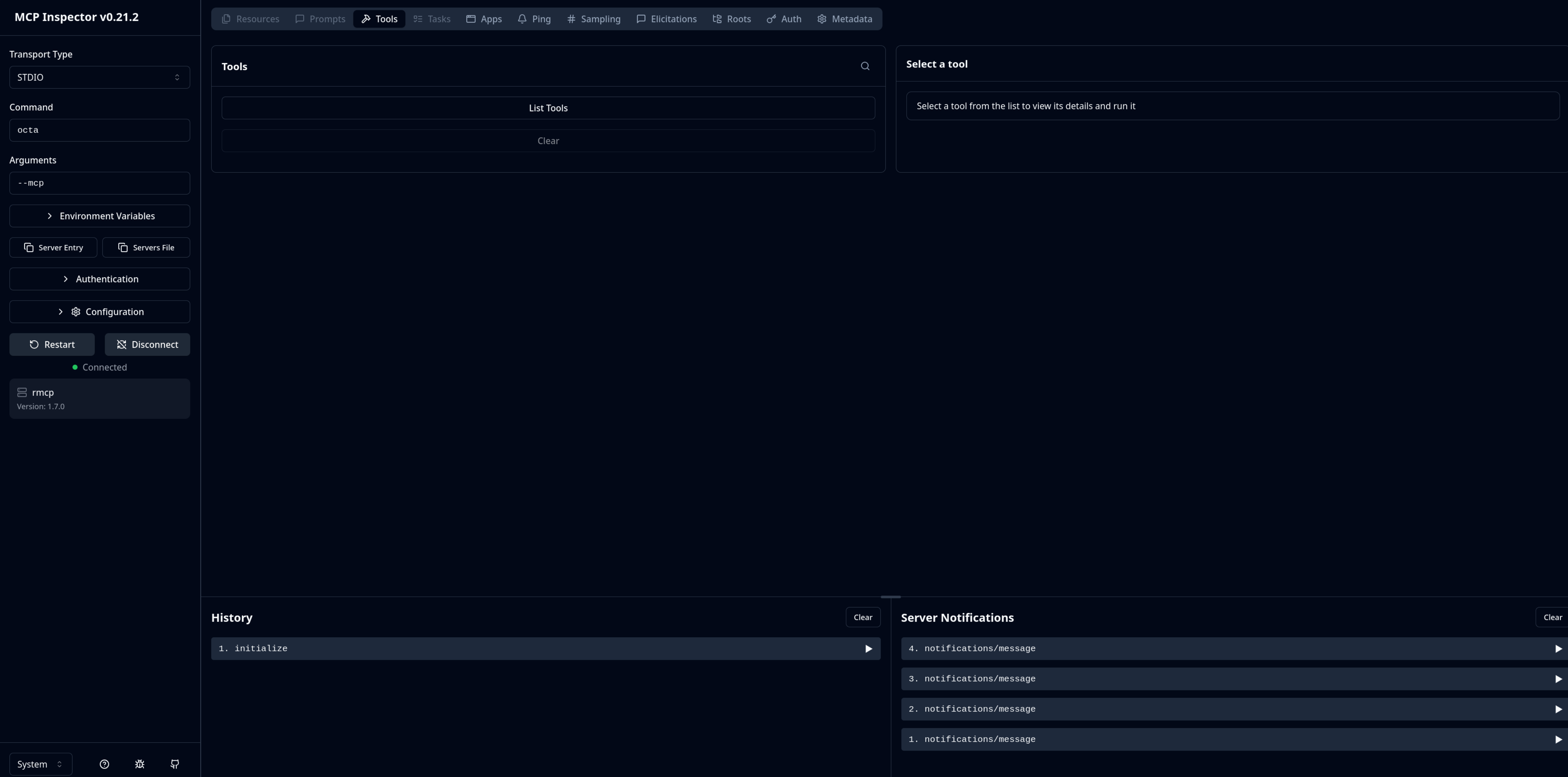 MCP Inspector with Octa connected