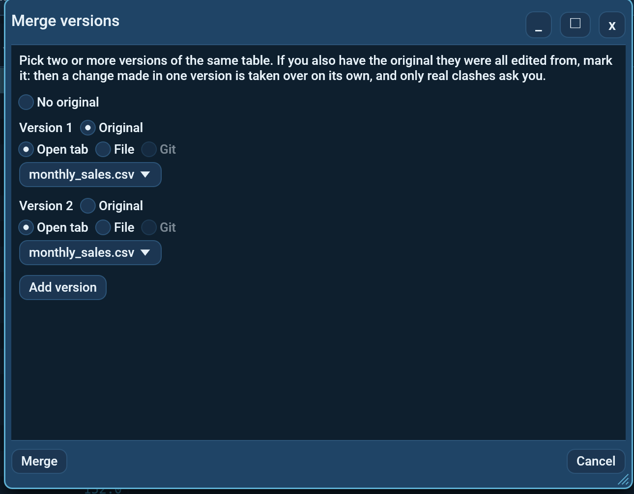 The Merge versions dialog in its review phase with three versions merged against an original. "Match rows by" with the id column ticked, the summary line "40 unchanged, 5 changed, 1 added, 2 conflicts", and the conflict grid whose Choices column shows values like "9.99 (1, 3)" and "10.50 (2)", one of them highlighted as chosen.