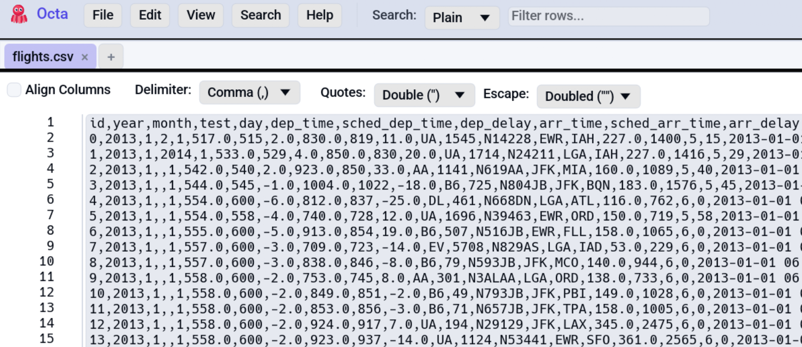 Raw view toolbar for CSV files