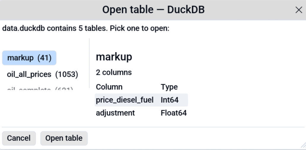 Table picker dialog