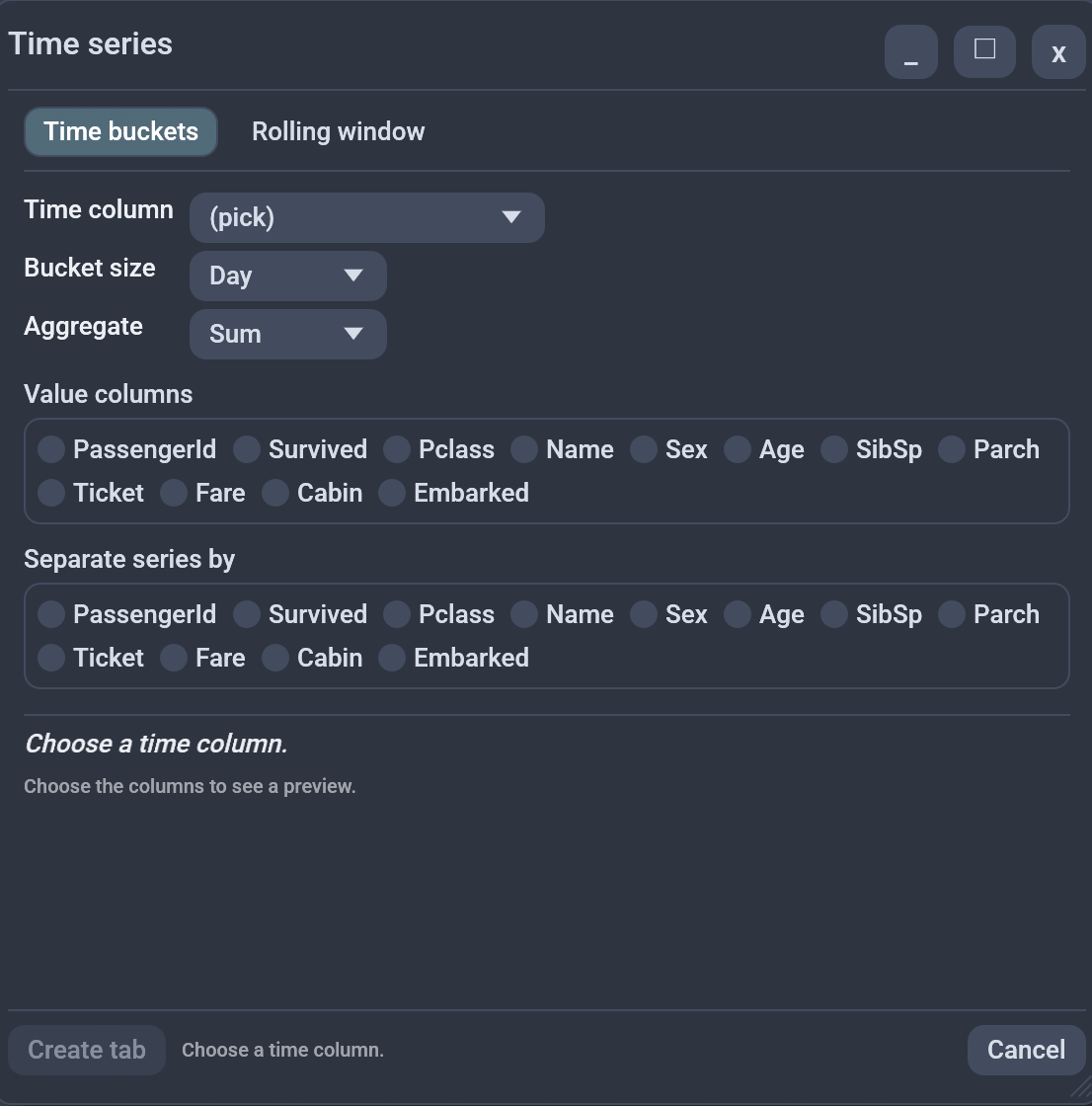Time series dialog